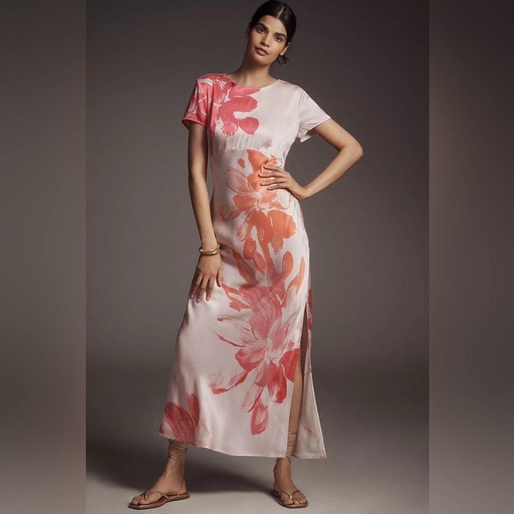 NWT! ANTHROPOLOGIE PINK FLORAL OPEN BACK SHORT-SLEEVE MAXI SLIP DRESS 🔮